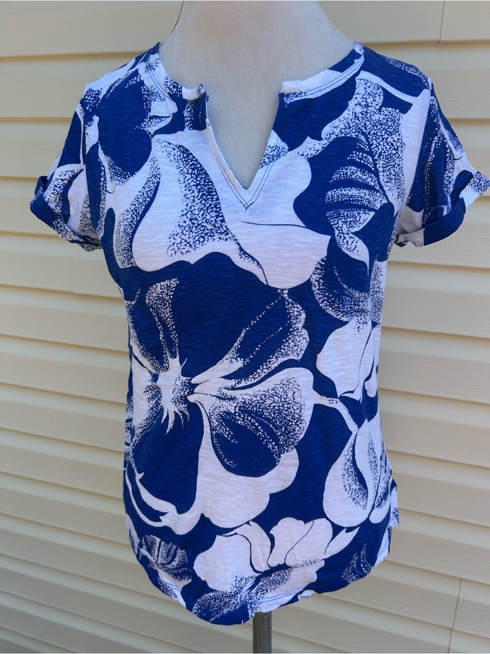 Wonderly Blue & White Floral Notch-Neck Short Sleeve Top